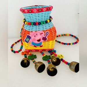 Woven Basket with Bells and Beads kids backpack basket  Halloween candy basket